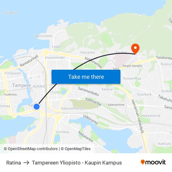 Ratina to Tampereen Yliopisto - Kaupin Kampus map