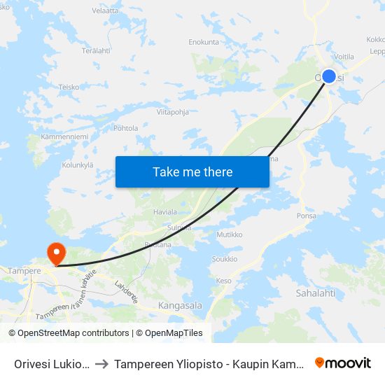 Orivesi Lukio P to Tampereen Yliopisto - Kaupin Kampus map