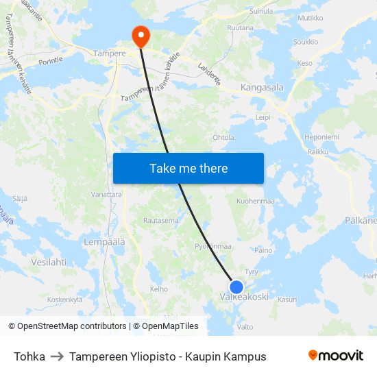 Tohka to Tampereen Yliopisto - Kaupin Kampus map