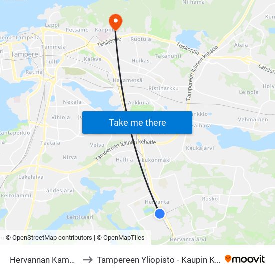 Hervannan Kampus A to Tampereen Yliopisto - Kaupin Kampus map