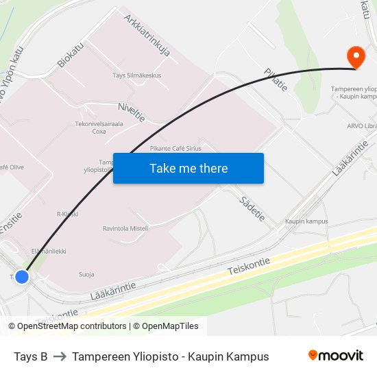 Tays B to Tampereen Yliopisto - Kaupin Kampus map