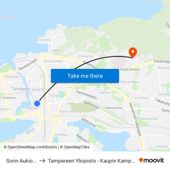 Sorin Aukio A to Tampereen Yliopisto - Kaupin Kampus map