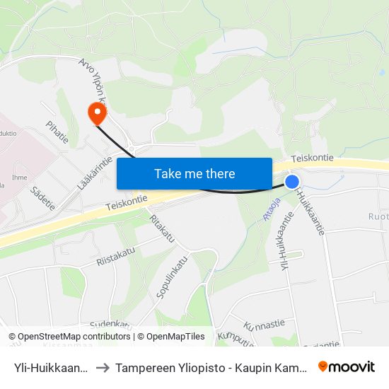 Yli-Huikkaantie to Tampereen Yliopisto - Kaupin Kampus map