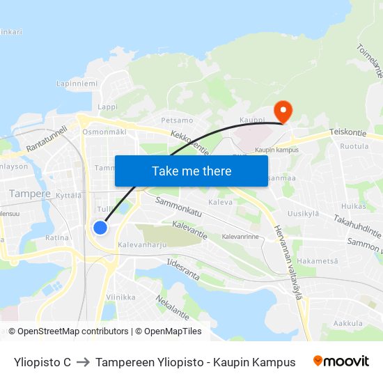 Yliopisto C to Tampereen Yliopisto - Kaupin Kampus map