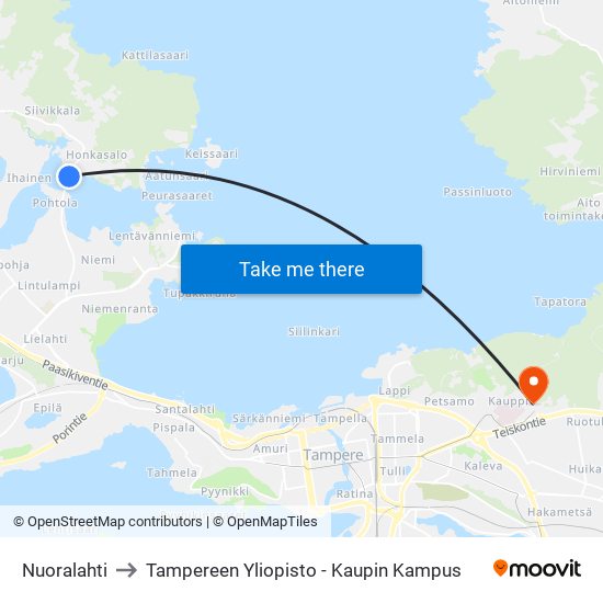 Nuoralahti to Tampereen Yliopisto - Kaupin Kampus map