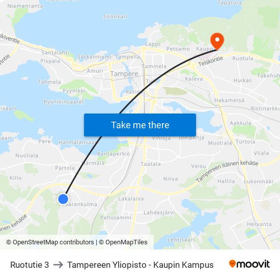 Ruotutie 3 to Tampereen Yliopisto - Kaupin Kampus map