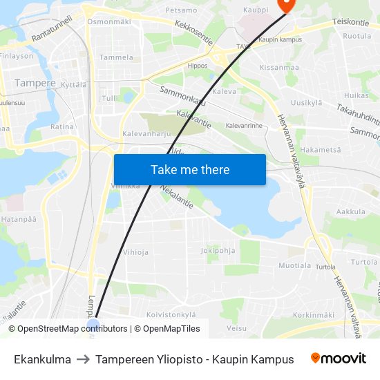 Ekankulma to Tampereen Yliopisto - Kaupin Kampus map