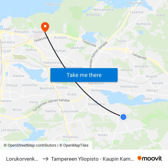 Lorukorvenkatu to Tampereen Yliopisto - Kaupin Kampus map