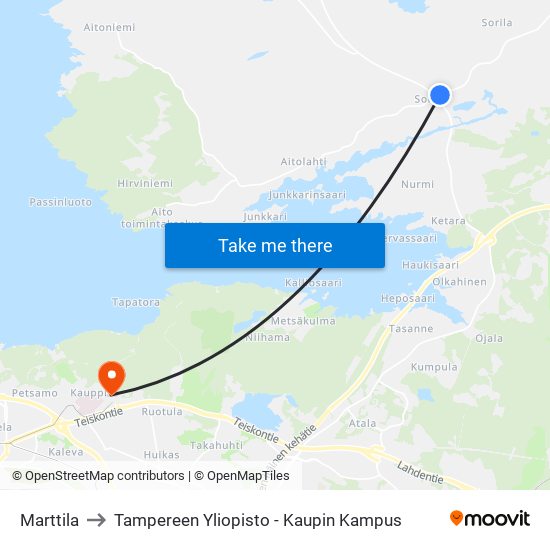 Marttila to Tampereen Yliopisto - Kaupin Kampus map