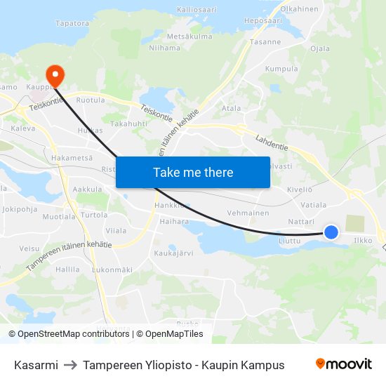 Kasarmi to Tampereen Yliopisto - Kaupin Kampus map