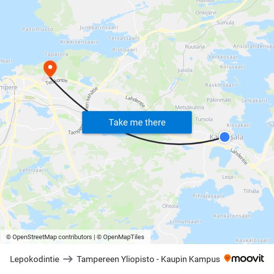 Lepokodintie to Tampereen Yliopisto - Kaupin Kampus map