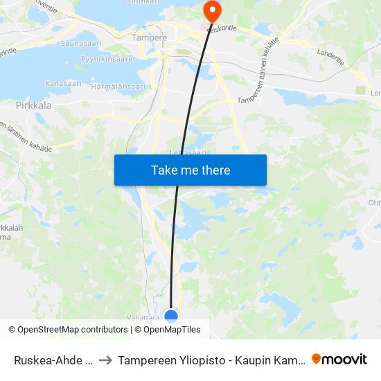 Ruskea-Ahde Th to Tampereen Yliopisto - Kaupin Kampus map