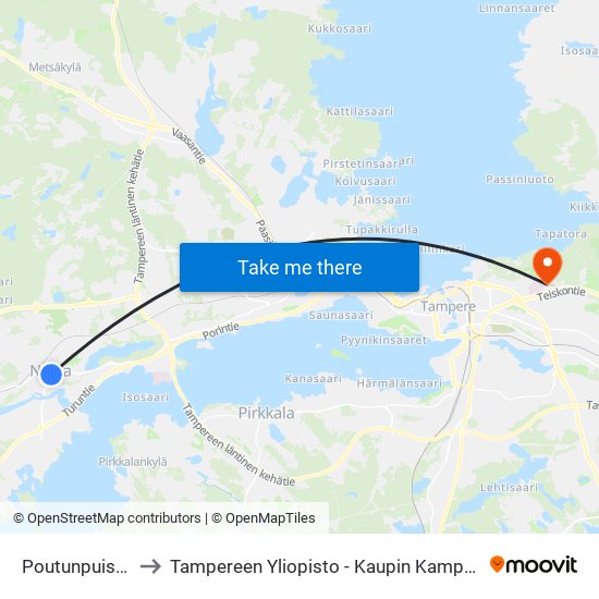 Poutunpuisto to Tampereen Yliopisto - Kaupin Kampus map