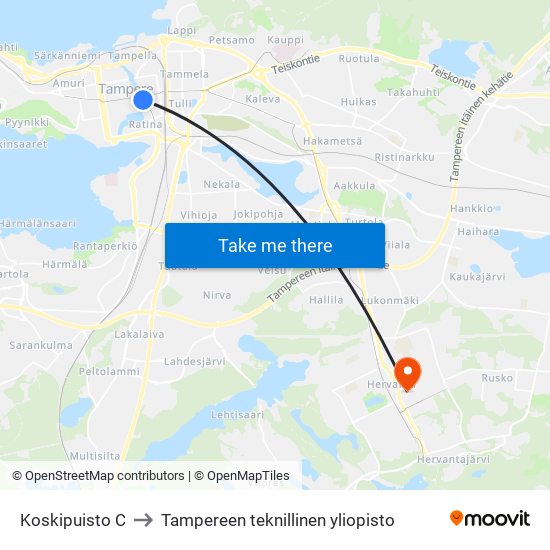 Koskipuisto C to Tampereen teknillinen yliopisto map