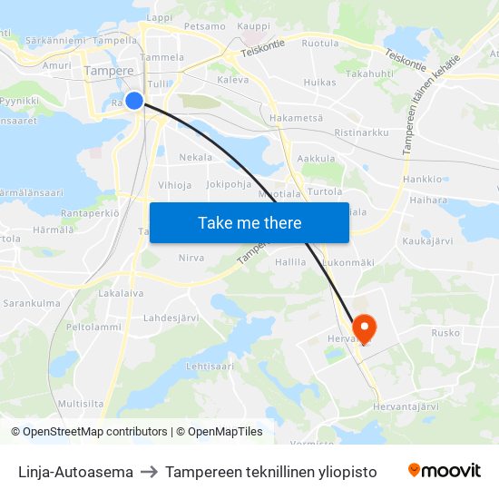 Linja-Autoasema to Tampereen teknillinen yliopisto map