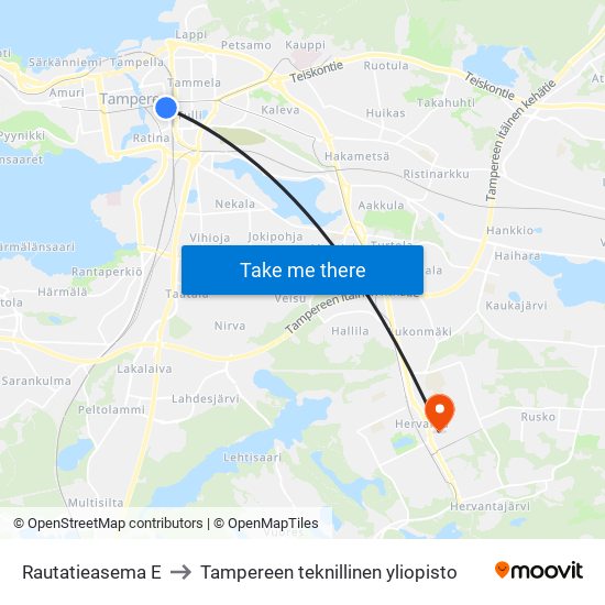 Rautatieasema E to Tampereen teknillinen yliopisto map