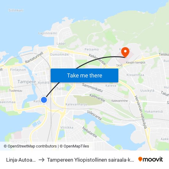 Linja-Autoasema to Tampereen Yliopistollinen sairaala-keskussairaala map