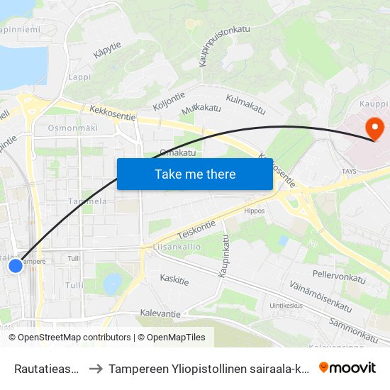 Rautatieasema E to Tampereen Yliopistollinen sairaala-keskussairaala map