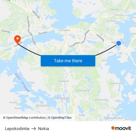 Lepokodintie to Nokia map