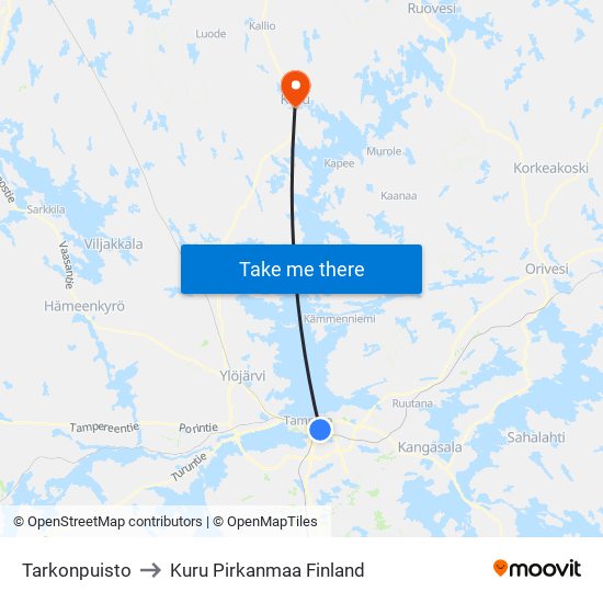 Tarkonpuisto to Kuru Pirkanmaa Finland map