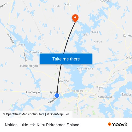 Nokian Lukio to Kuru Pirkanmaa Finland map