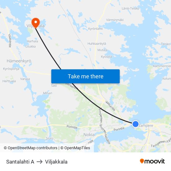 Santalahti A to Viljakkala map