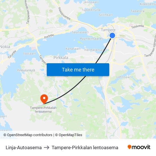 Linja-Autoasema to Tampere-Pirkkalan lentoasema map