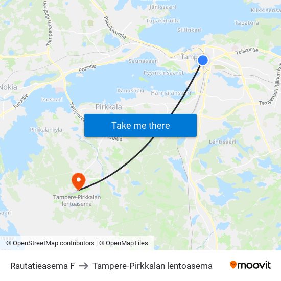 Rautatieasema F to Tampere-Pirkkalan lentoasema map