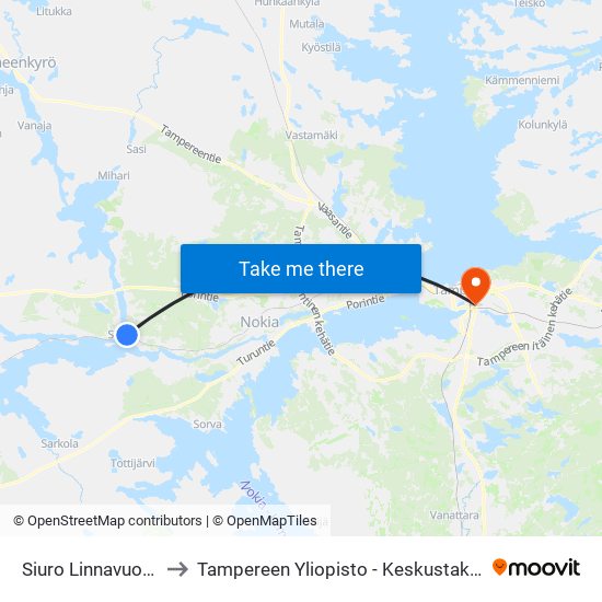 Siuro Linnavuori Th to Tampereen Yliopisto - Keskustakampus map