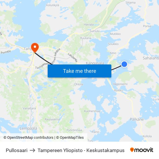 Pullosaari to Tampereen Yliopisto - Keskustakampus map