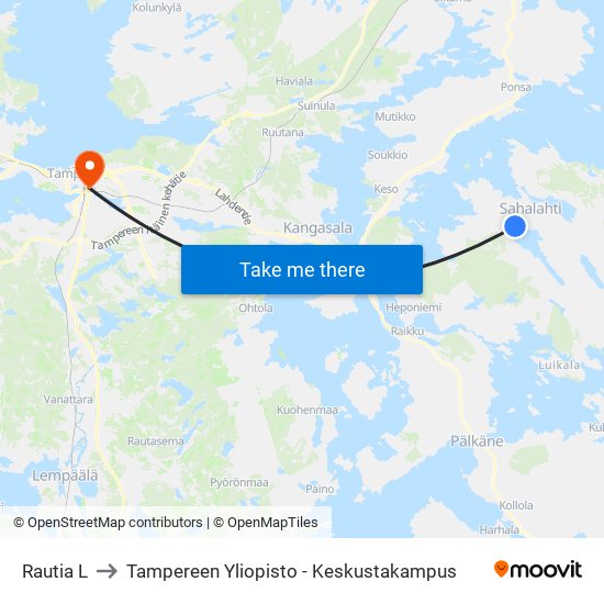 Rautia L to Tampereen Yliopisto - Keskustakampus map
