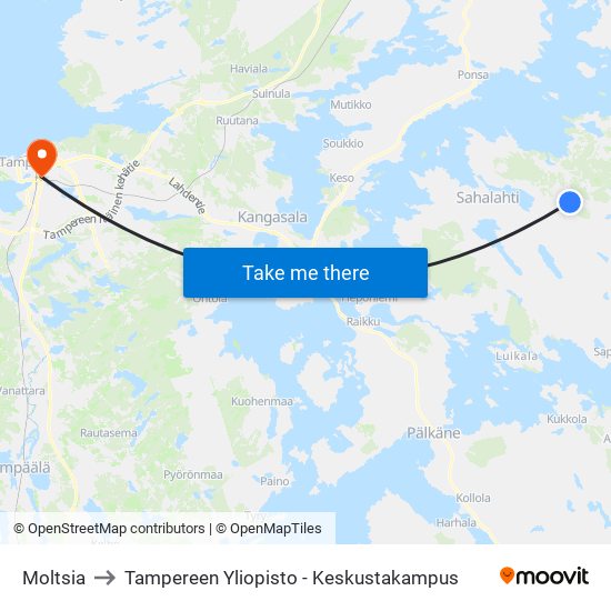 Moltsia to Tampereen Yliopisto - Keskustakampus map
