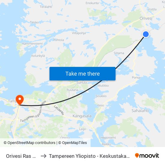 Orivesi Ras Th I to Tampereen Yliopisto - Keskustakampus map