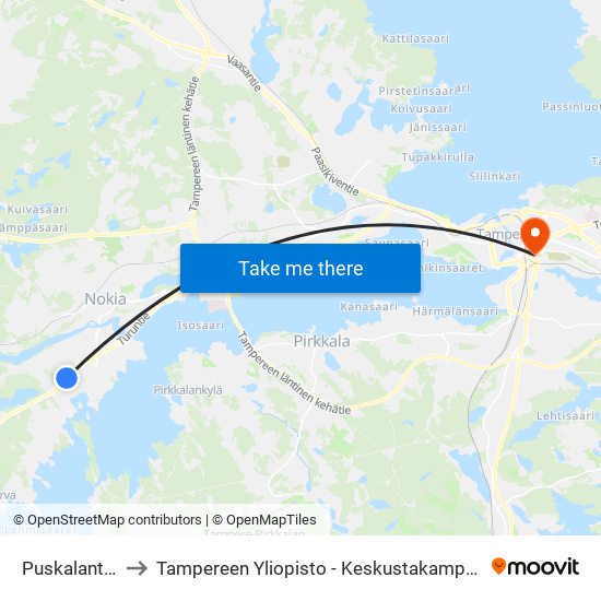 Puskalantie to Tampereen Yliopisto - Keskustakampus map