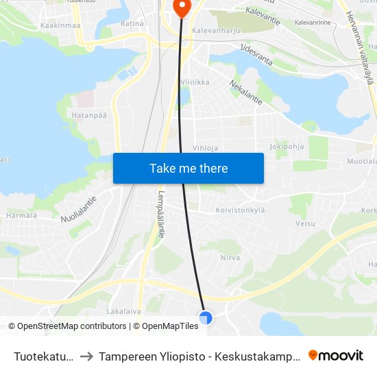Tuotekatu 1 to Tampereen Yliopisto - Keskustakampus map