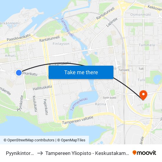 Pyynikintori C to Tampereen Yliopisto - Keskustakampus map