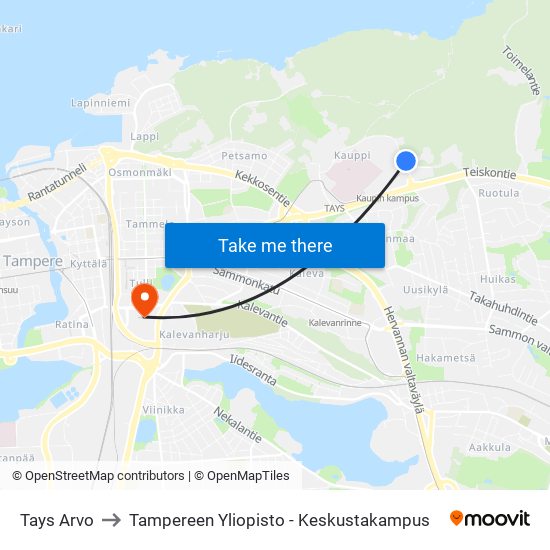 Tays Arvo to Tampereen Yliopisto - Keskustakampus map