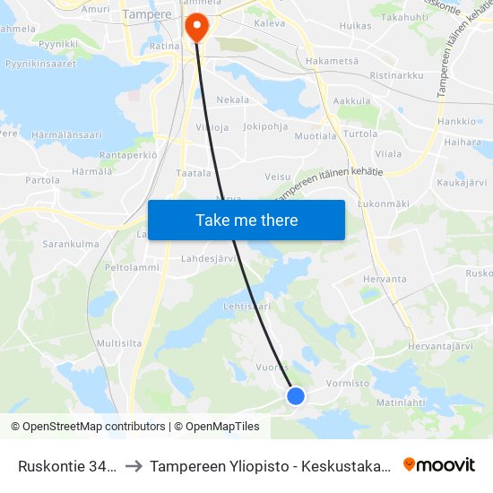 Ruskontie 349 L to Tampereen Yliopisto - Keskustakampus map