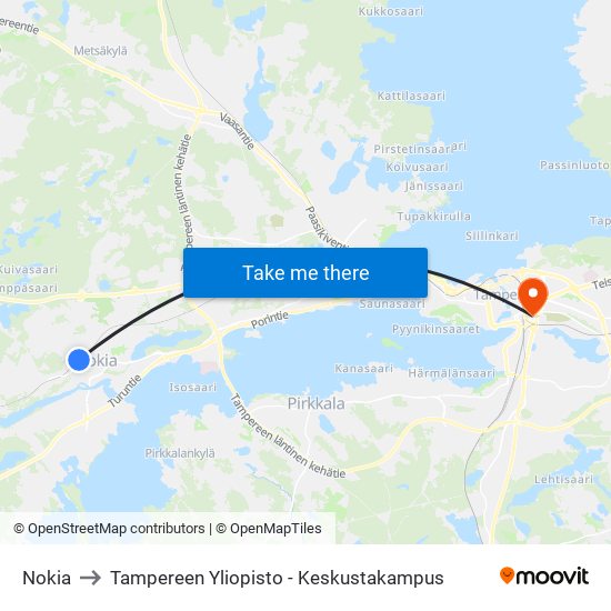 Nokia to Tampereen Yliopisto - Keskustakampus map