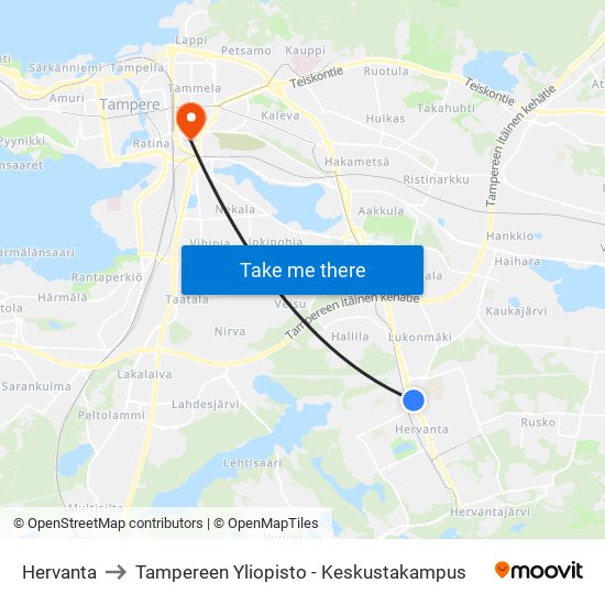 Hervanta to Tampereen Yliopisto - Keskustakampus map