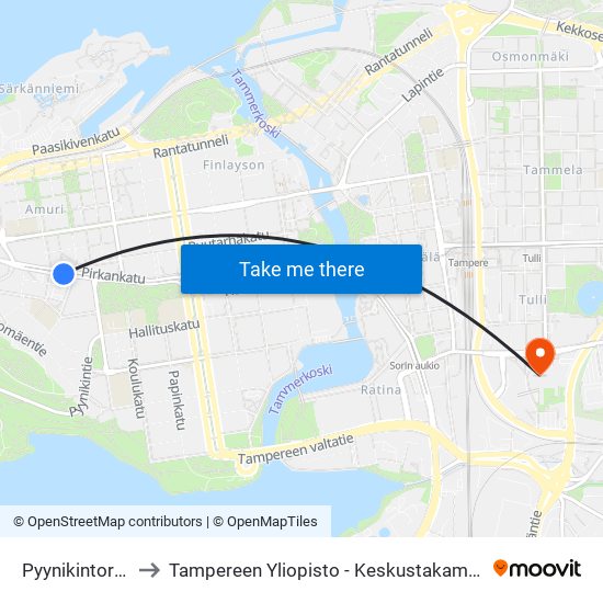 Pyynikintori B to Tampereen Yliopisto - Keskustakampus map