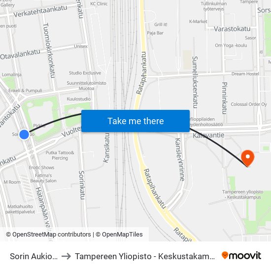 Sorin Aukio A to Tampereen Yliopisto - Keskustakampus map