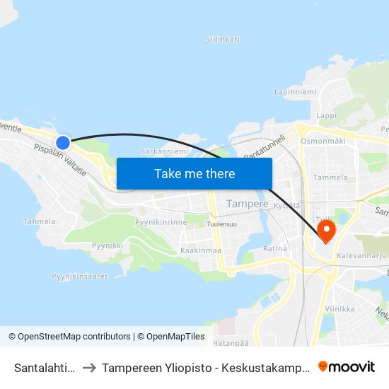 Santalahti A to Tampereen Yliopisto - Keskustakampus map