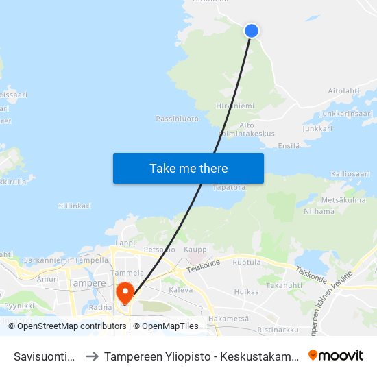Savisuontie E to Tampereen Yliopisto - Keskustakampus map