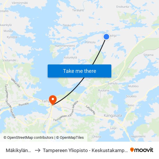 Mäkikyläntie to Tampereen Yliopisto - Keskustakampus map