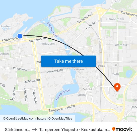 Särkänniemi D to Tampereen Yliopisto - Keskustakampus map