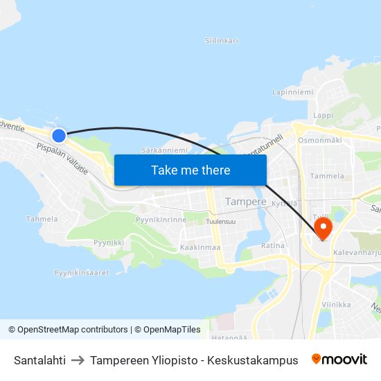 Santalahti to Tampereen Yliopisto - Keskustakampus map