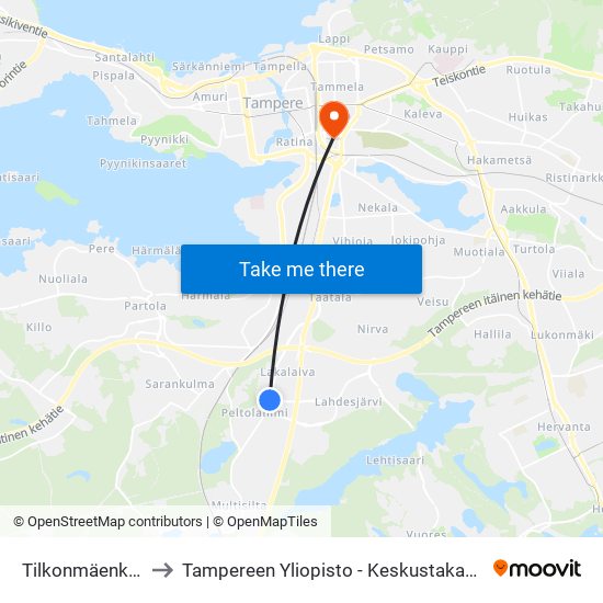 Tilkonmäenkatu to Tampereen Yliopisto - Keskustakampus map