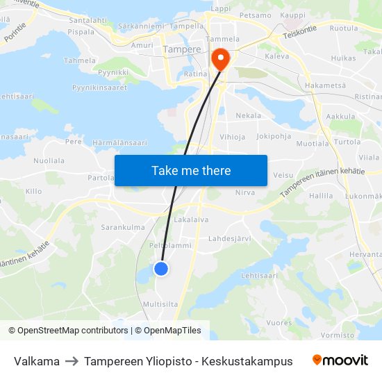 Valkama to Tampereen Yliopisto - Keskustakampus map