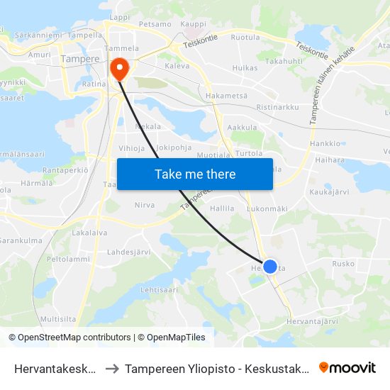 Hervantakeskus C to Tampereen Yliopisto - Keskustakampus map